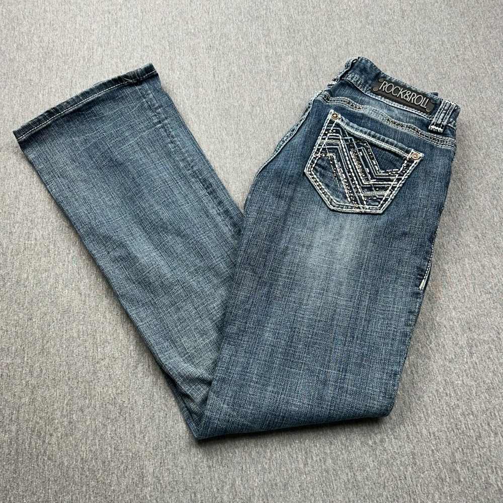 Rock & Roll Cowgirl MidRise Bootcut Jeans Womens 26x32 Thick Stitch Stud Pockets